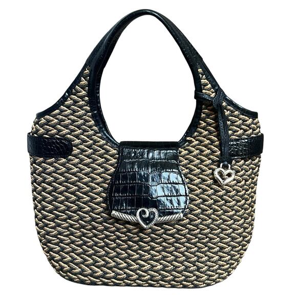 Brighton Woven Tan Straw Shoulder Bag Handbag Purse Black Croc Leather Handles - Picture 1 of 15